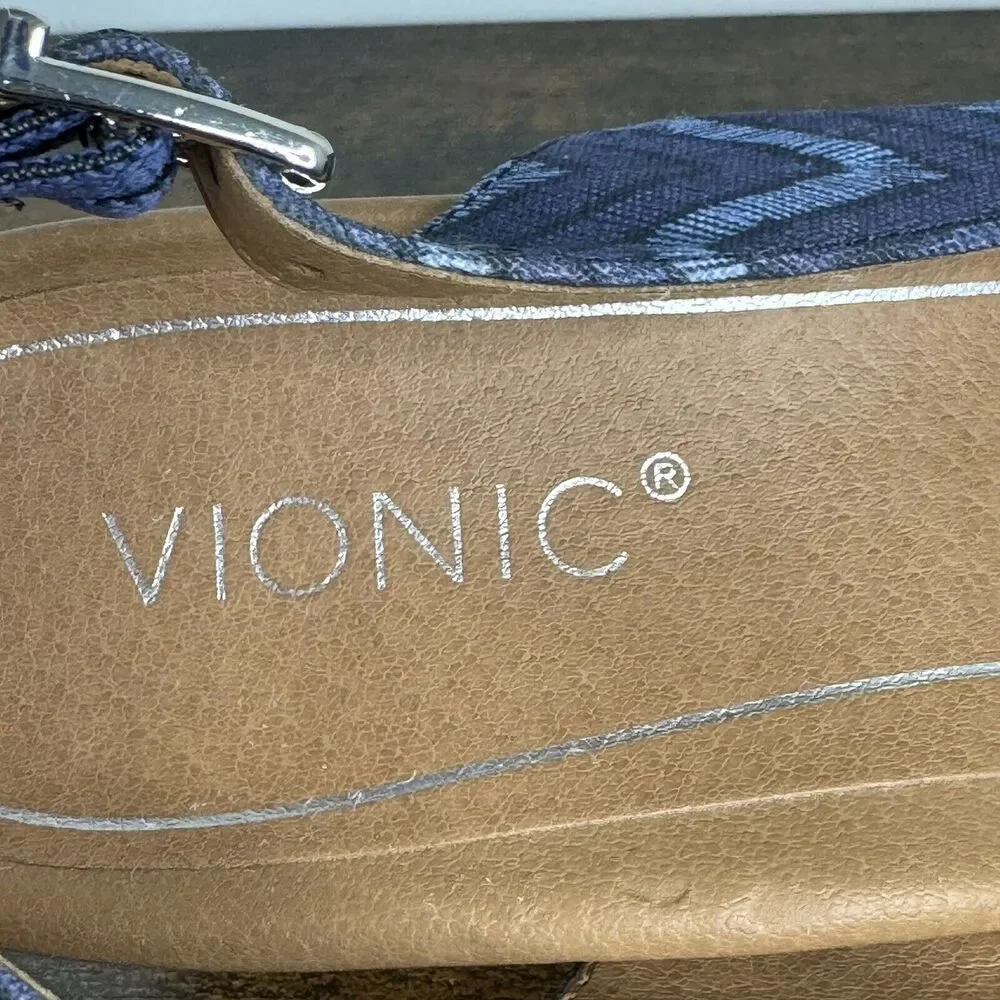 Vionic Coralina Canvas Espadrille Wedge Sandals Size 9.5 Navy Chevron